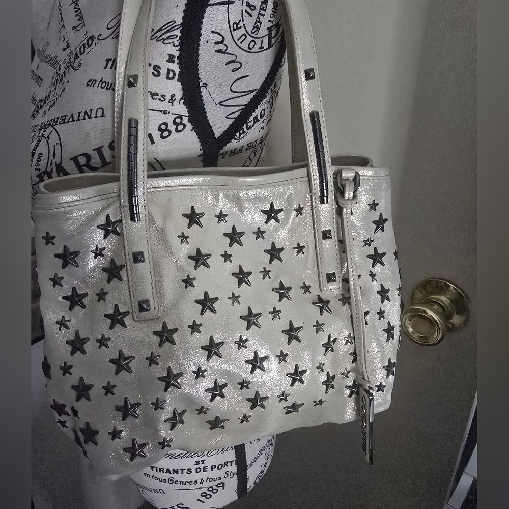Jimmy Choo Cream Shimmer Star-Studded Nylon W/ Suade Shoulder Bag (EUC)COA CARD✨ - Picture 2 of 14
